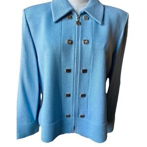 St John Collection Knit Set Baby Blue Zip Jacket Pants Gold Buttons 10/14